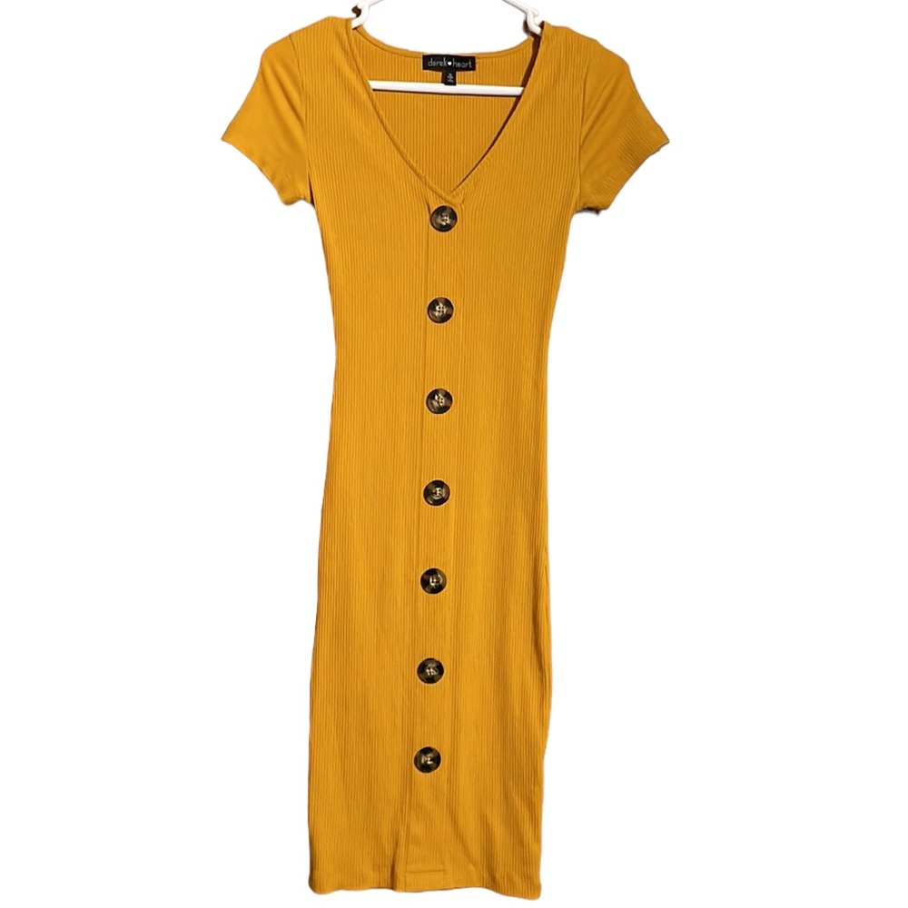 •DEREK HEART•MUSTARD RIBBED CHUNKY BUTTON BODYCON MIDI DRESS SIZE SMALL